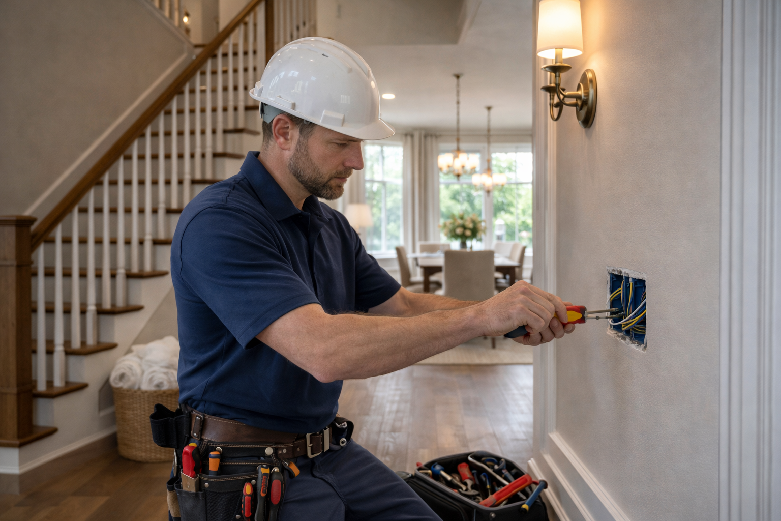 Licensed electrician installing outlet in residential home