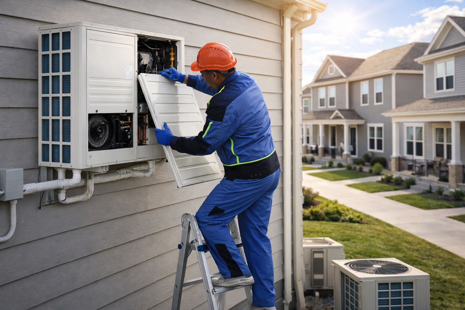 HVAC contractor servicing air conditioning unit in Florida neighborhood