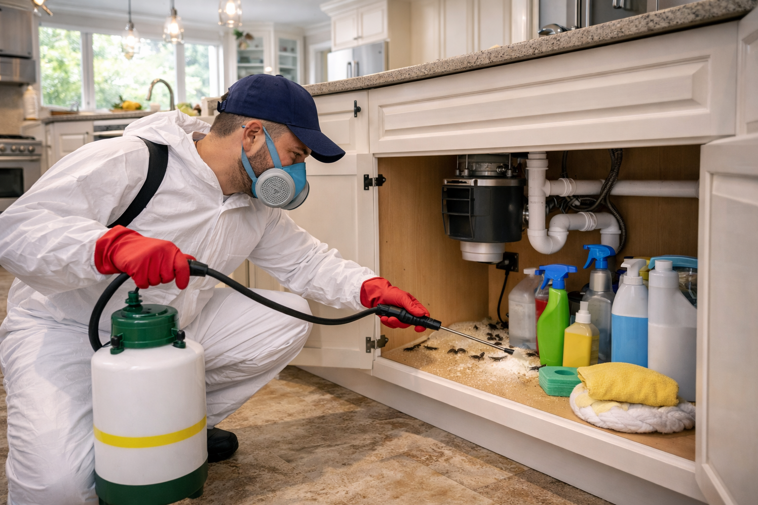Pest control technician treating kitchen area in Florida residence