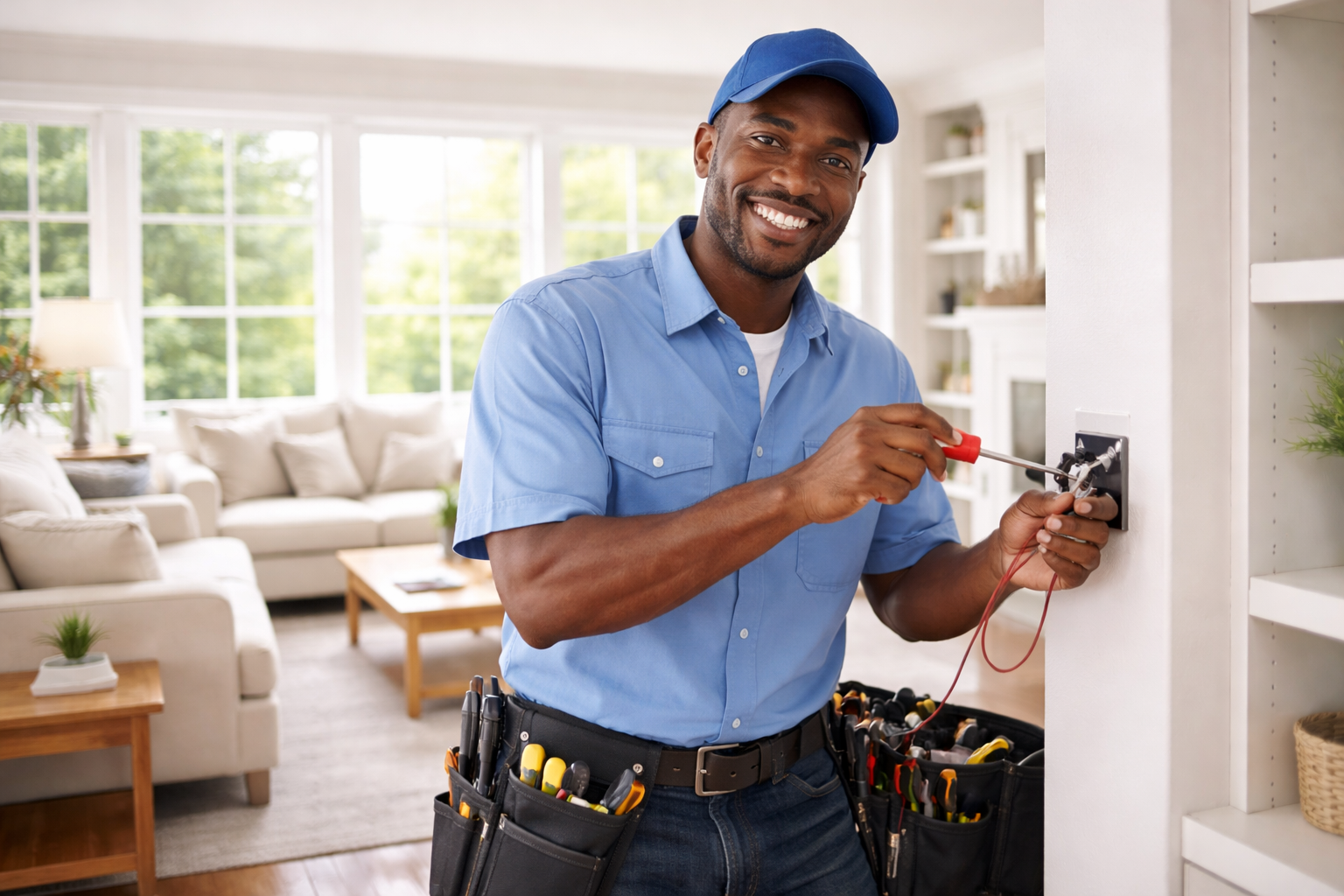 Friendly home service handyman with professional tool belt