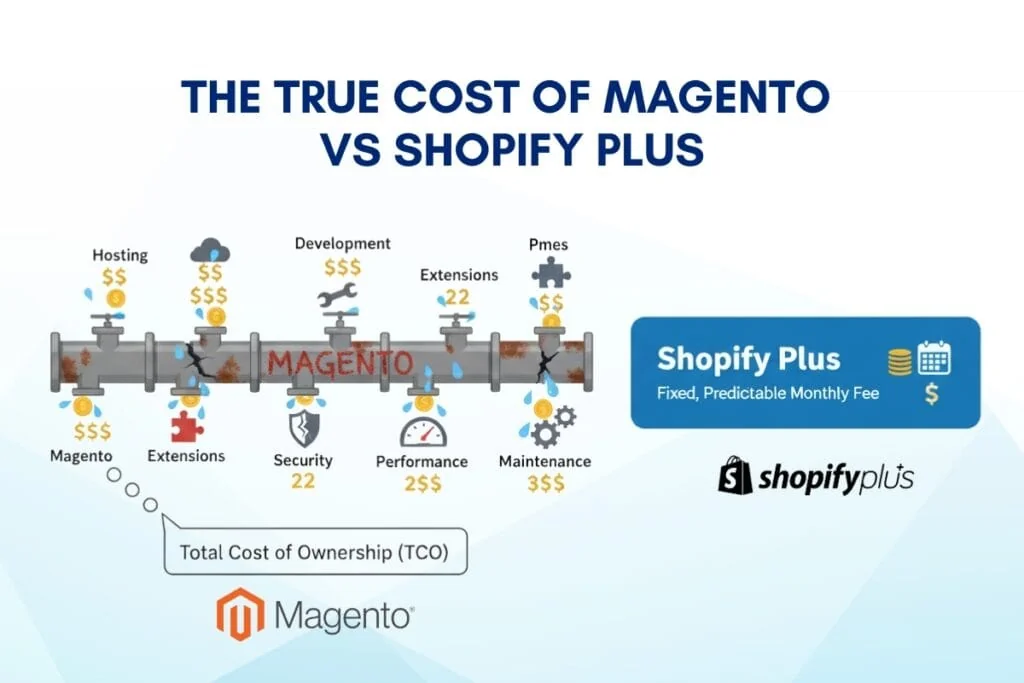 Ecommerce replatforming infographic comparing Magento total cost of ownership with Shopify Plus fixed cost model