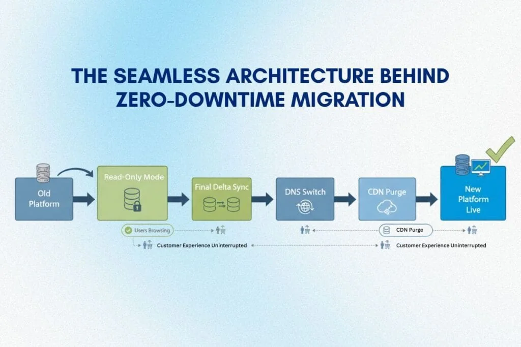 Zero-Downtime Migration Strategy architecture flow diagram showing data sync and DNS cutover