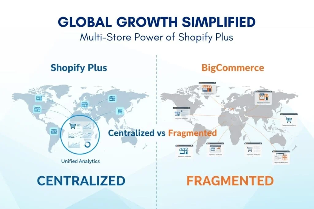 Global multi-store management comparison in BigCommerce vs Shopify Plus features for international ecommerce expansion.