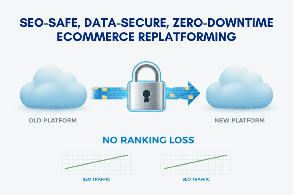 E-commerce Replatforming ensuring SEO safety and secure data migration without downtime