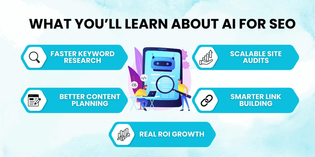 Key benefits of AI for SEO Optimization visualized as icons