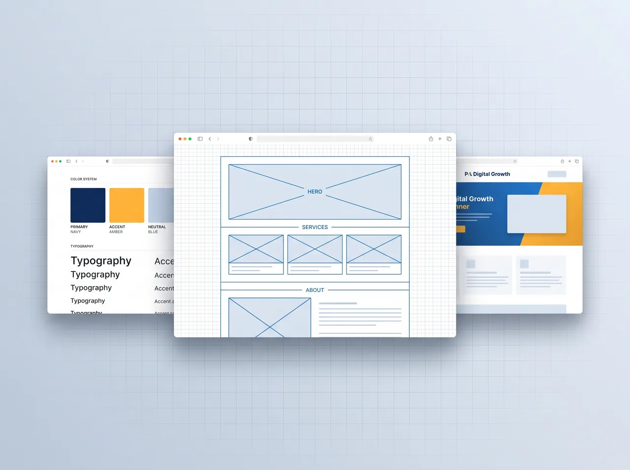 Web store designs laid out across a large monitor