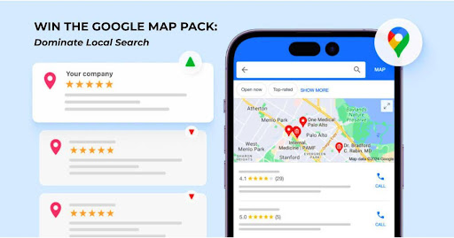 Map view highlighting top 3 businesses in Google Map Pack with text overlay 'Win the Google Map Pack: Dominate Local Search'