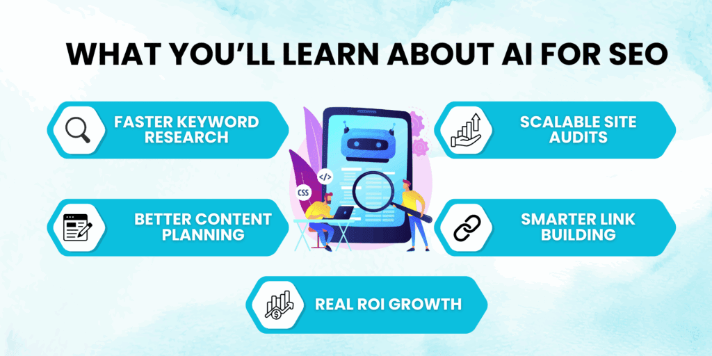 Key benefits of AI for SEO Optimization visualized as icons