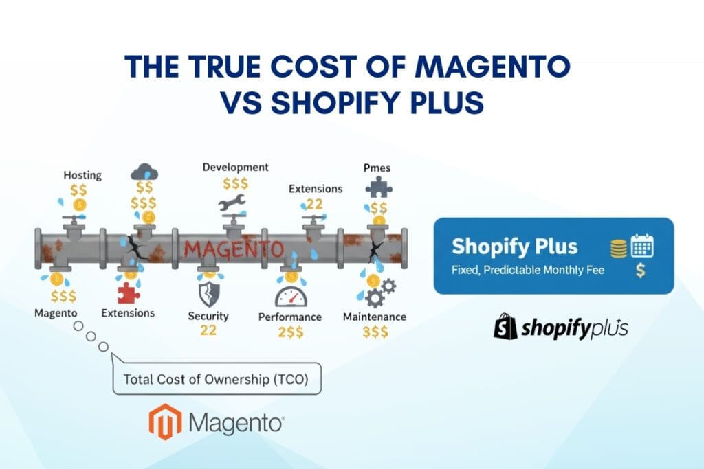 Ecommerce replatforming infographic comparing Magento total cost of ownership with Shopify Plus fixed cost model