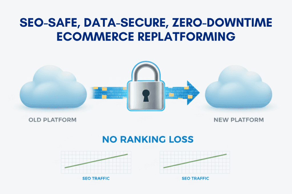 E-commerce Replatforming ensuring SEO safety and secure data migration without downtime