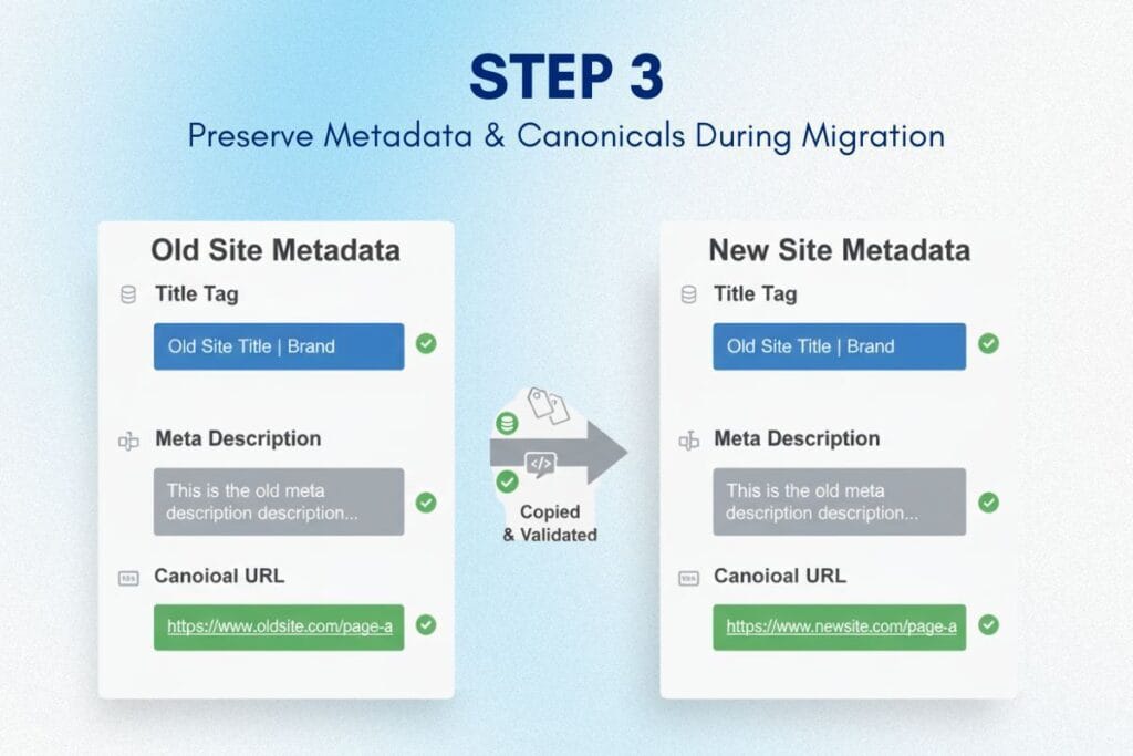 SEO Migration Checklist metadata and canonical tag preservation
