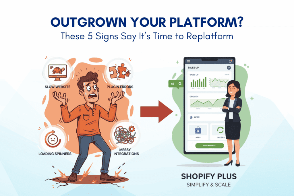 E-commerce Replatforming visual showing outdated platform issues versus Shopify Plus growth solution