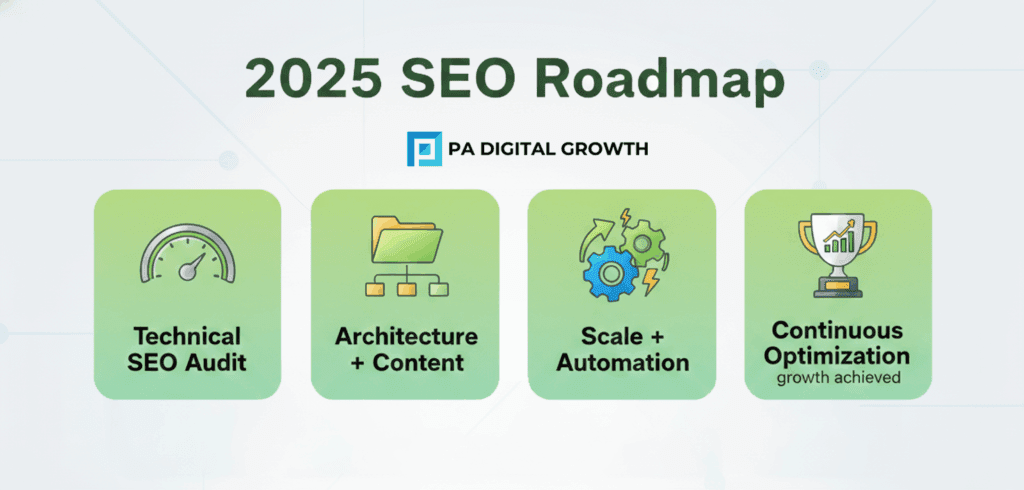Shopify Plus SEO Strategy roadmap showing phased enterprise SEO optimization for 2025.