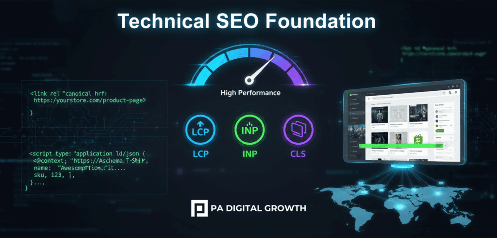 Shopify Plus SEO Strategy image showing Core Web Vitals optimization and technical SEO foundation.
